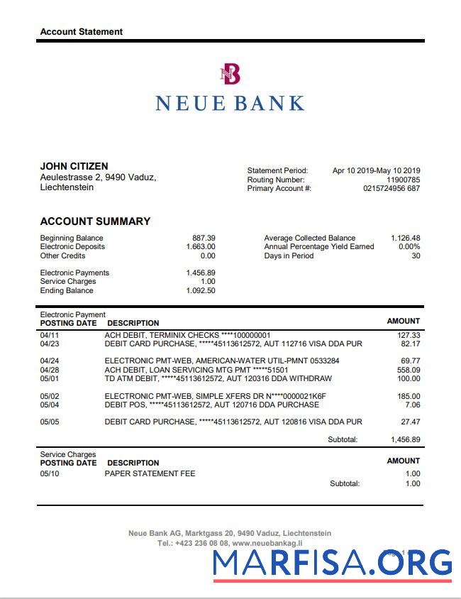 Downloadable Liechtenstein Neue Bank AG bank statement word example